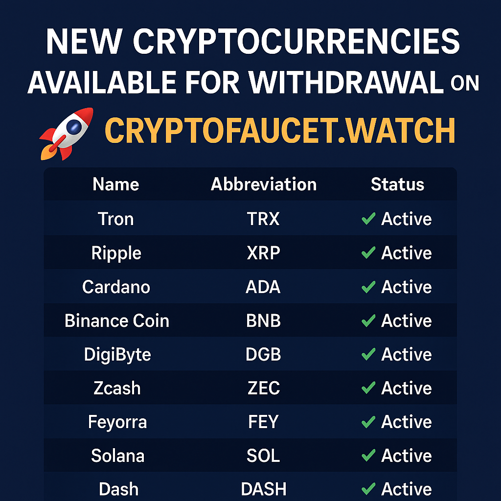 New Cryptocurrencies Available for Withdrawal on CryptoFaucet.Watch!
